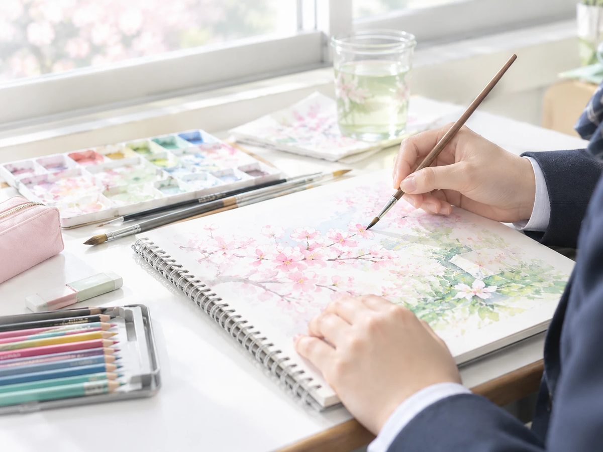 窓辺で水彩絵の具を使って桜の絵を描く手元